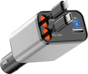 4 in 1 Retractable Car Charger, 69W Fast Car Phone Charger with Retractable Cables and USB C & USB A Port Car Charger for iPhone 16/15/14/13/12/11, S23/S22/S21,USB C & USB A Ports