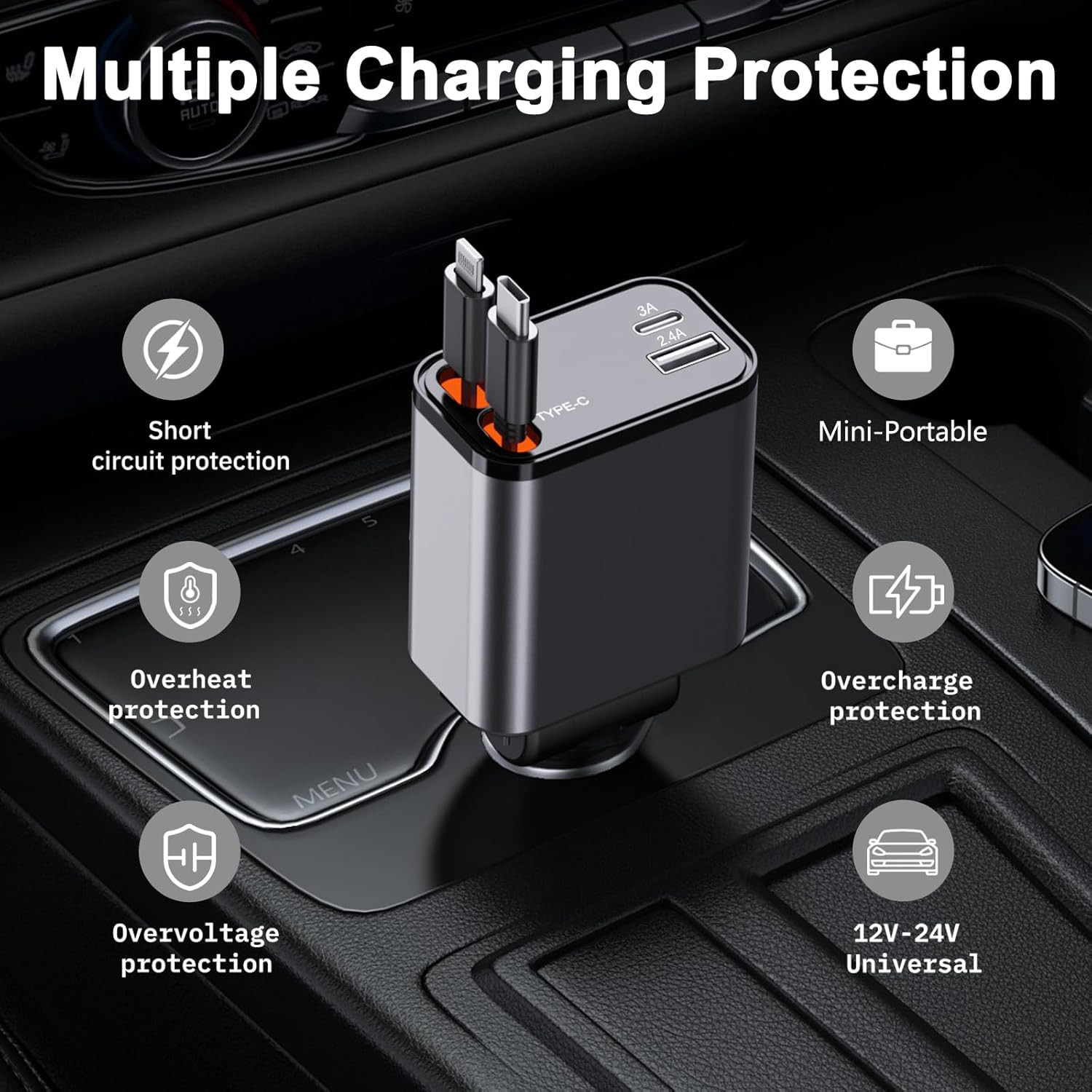 4 in 1 Retractable Car Charger, 69W Fast Car Phone Charger with Retractable Cables and USB C & USB A Port Car Charger for iPhone 16/15/14/13/12/11, S23/S22/S21,USB C & USB A Ports