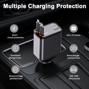 4 in 1 Retractable Car Charger, 69W Fast Car Phone Charger with Retractable Cables and USB C & USB A Port Car Charger for iPhone 16/15/14/13/12/11, S23/S22/S21,USB C & USB A Ports