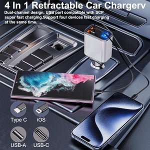4 in 1 Retractable Car Charger, 69W Fast Car Phone Charger with Retractable Cables and USB C & USB A Port Car Charger for iPhone 16/15/14/13/12/11, S23/S22/S21,USB C & USB A Ports