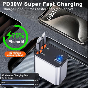 4 in 1 Retractable Car Charger, 69W Fast Car Phone Charger with Retractable Cables and USB C & USB A Port Car Charger for iPhone 16/15/14/13/12/11, S23/S22/S21,USB C & USB A Ports