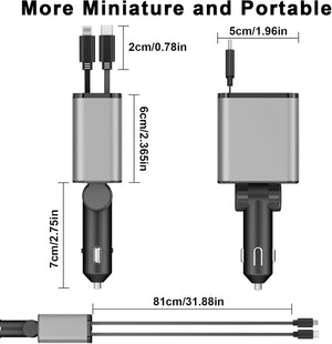 4 in 1 Retractable Car Charger, 69W Fast Car Phone Charger with Retractable Cables and USB C & USB A Port Car Charger for iPhone 16/15/14/13/12/11, S23/S22/S21,USB C & USB A Ports